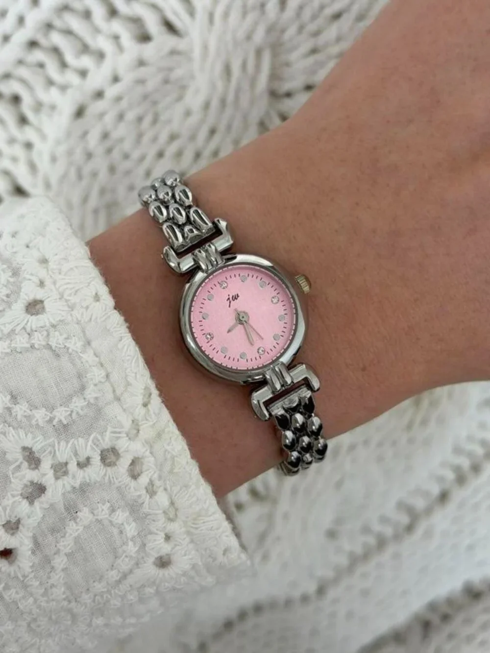 SKU0615 vintage vibe silver pink dial round watch Stainless steel + gift bag